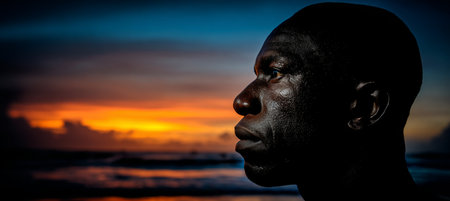 Contemplative African man silhouette at sunrise by the sea, strong expression facing dawn s light.の素材