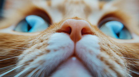 Close-up of a Beautiful Ginger Cat with Striking Blue Eyes Captivatingly Gazing into the Camera Lensの素材