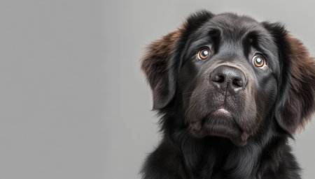 Charming Newfoundland Dog Portrait with Expressive Eyes and Playful Nature on Gray Backgroundの素材