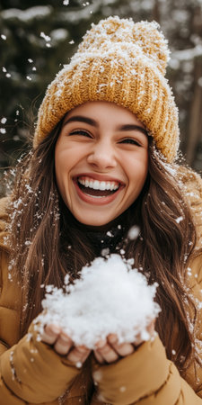Joyful Woman Smiling While Playing with Snowballs in a Beautiful Winter Landscape Outdoorsの素材
