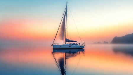 Tranquil Sunset Over the Ocean A Solitary Sailboat Navigates Calm Waters Beneath a Pastel Skyの素材