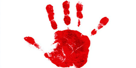 Vivid Red Handprint on a Crisp White Background, Ideal for Safety Messages and Graphic Designs.の素材