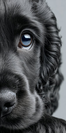 Charming Black Cocker Spaniel with Expressive Eyes Posing Elegantly Against a Clean Gray Backgroundの素材