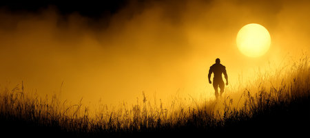 A Strong Silhouette Against a Golden Sunrise in Tall Grass, Evoking Mystery and Adventure.の素材