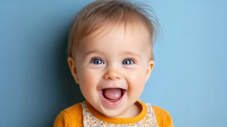 Adorable baby with sparkling blue eyes gazing upwards in joy, surrounded by soft blue hues.の素材