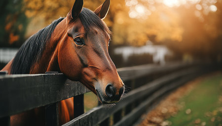Majestic Quarter Horse Portrait in Serene Pasture with Autumnal Hues and Gentle Nature s Beautyの素材