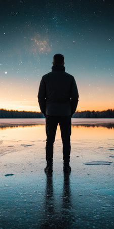 Silhouette of a Person Gazing at the Starry Winter Night Sky over a Frozen Lake, Reflecting on Lifeの素材