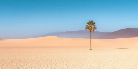 Tranquil Desert Landscape Featuring a Lone Palm Tree Under Bright Blue Skies and Soft Beige Sandの素材