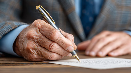 Older Man Hand Signing Important Historical Legal Decree with Class and Authority Over Smooth Paperの素材
