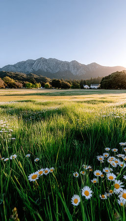 Serene Golden Light Meadow Filled with Vibrant Wildflowers and Majestic Mountains at Sunriseの素材