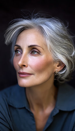 Elegant middle-aged woman with silver hair contemplating serene beauty and refined lifestyle.の素材