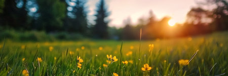 Tranquil Summer Twilight Landscape with Meadow of Grass and Yellow Blossoms Under Golden Sunlightの素材