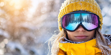 Winter Adventures Enjoying Joyful Outdoor Experiences with Stylish Snow Goggles on Ski Slopesの素材