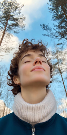 Young Woman Breathing Fresh Air in a Lush Forest, Embracing Nature s Serenity and Peacefulnessの素材