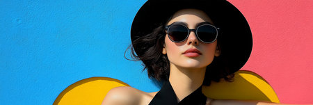 Chic Woman in Black Hat and Sunglasses Posing Against Vibrant Colorful Wall, Radiating Modern Styleの素材