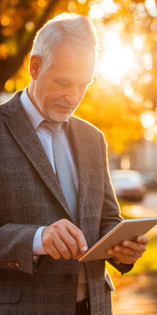 Mature Businessman Deeply Analyzing Financial Report on Tablet While Taking Notes in Urban Settingの素材