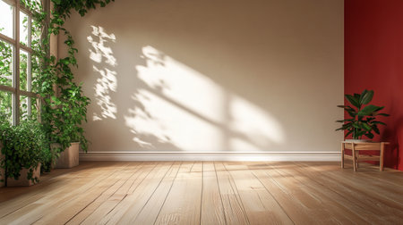 Bright and Airy Minimalist Room Bathed in Sunlight with Green Plants and a Red Pillar in Cornerの素材