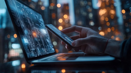 A Person Interacting with Futuristic Technology Against a Vibrant Cityscape and Abstract Backgroundの素材