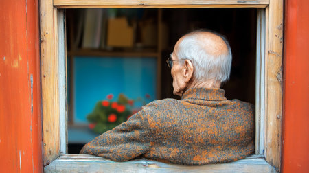 Aging Observer Gazes Reflectively Through a Timeless Weathered Window Frame, Wisdom Beyond the Glassの素材