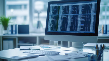 Minimal Style Workplace with Close-up of Finance and Accounting Spreadsheet Data Analysis Backgroundの素材