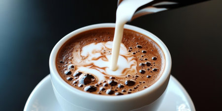 Morning Freshness A Perfect Latte in a White Cup with Rich Brown Cream Mix for Coffee Loversの素材