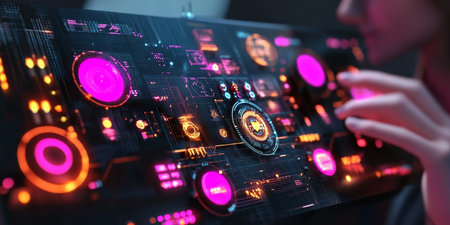 Futuristic Touchscreen Display Panel with Holographic Graphics and Neon Lighting Effectsの素材