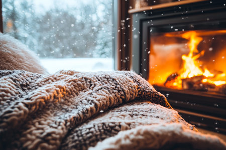 Cozy Winter Evening Indoors Warm Fire, Fuzzy Blanket, and Serene Snowy Landscape Outsideの素材