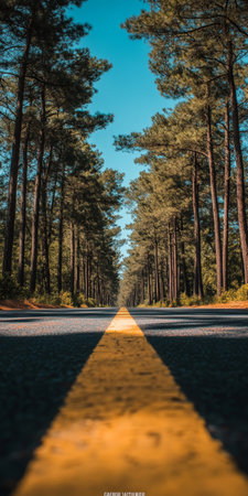 Scenic Adventure Road Winding Through Towering Trees Beneath a Brightly Colored Gradient Skyの素材