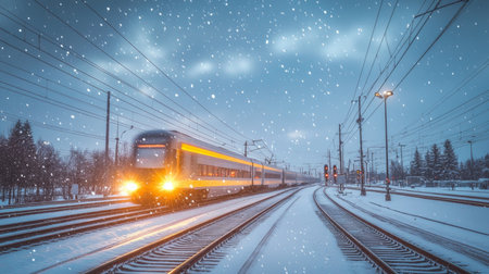 High-Speed Passenger Train Transporting Travelers Through a Beautiful Snowy Landscape in Winterの素材