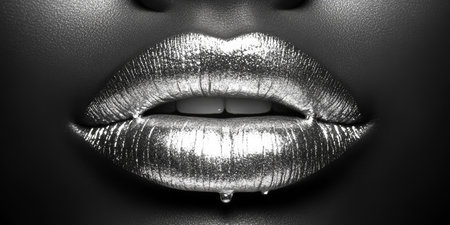 Close-up of Silver Lips with Dramatic Metallic Makeup, Showcasing Artistic Beauty and Glamourの素材