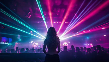 A Silhouette of a Woman Dancing in a Nightclub with Colorful Laser Lights and Vibrant Energyの素材