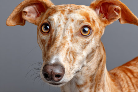 Elegant Greyhound with Focused Gaze Captured in Close-Up Studio Portrait Against a Soft Backgroundの素材