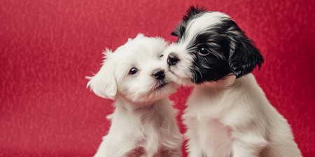 Two Adorable Puppies Share a Heartwarming Kiss on a Cozy Red Background, Showcasing Their Affectionの素材