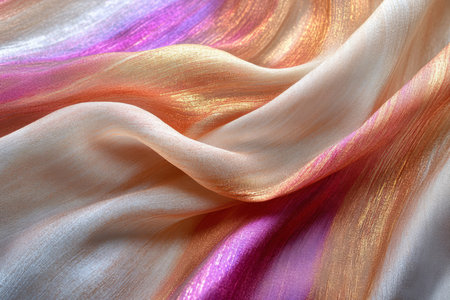 Elegant Soft Draped Silk Cloth with Shimmering Golden Hues and Subtle Pinks for Creative Designsの素材