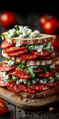 Artisan Sandwich Tower Delight with Layers of Salami, Blue Cheese, and Arugula on Toasted Breadの素材