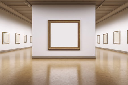 Contemporary Museum Exhibit Featuring Neutral Artwork in Stylish Interior with Parquet Reflectionsの素材