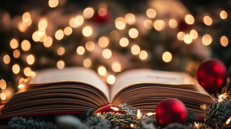 An Open Book Illuminated by Colorful Christmas Lights, Creating a Warm and Cozy Holiday Atmosphereの素材