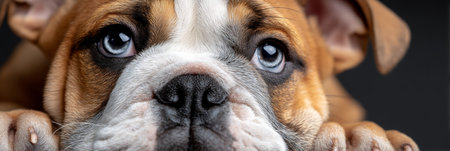 Adorable English Bulldog Puppy Portrait with Sweet Expression and Playful Personality in Lightの素材
