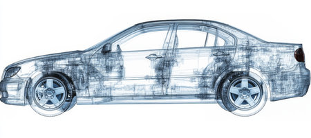 Detailed Technical Blueprint Design of a Modern Car with Transparent Elements and Clear Diagramsの素材
