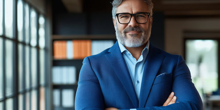 Confident Senior Business Leader in a Blue Suit, Standing Poised with Arms Crossed in Modern Officeの素材
