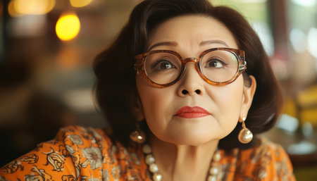 Charming Senior Woman with Short Hair and Vintage Glasses Posing Gracefully in Stylish Room Interiorの素材