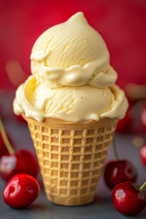 Delicious Sweet Vanilla Ice Cream Delight with Two Scoops on Waffle Cone and Cherries on Topの素材