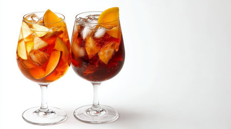 Two Refreshing Glasses of Sangria Cocktail with Mixed Fruits on a White Background for Menusの素材