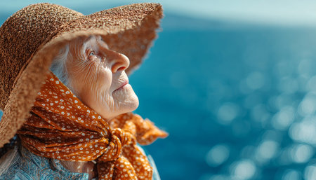 Elegant Senior Woman in Straw Hat Relaxing by the Ocean, Enjoying the Gentle Sea Breeze and Calmの素材