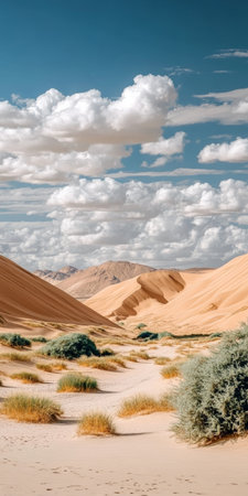 Expansive Desert Landscape Featuring Golden Sand Dunes Beneath a Bright Blue Sky and Fluffy Cloudsの素材