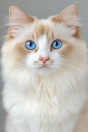 Stunning Ragdoll Cat with Fluffy Fur and Captivating Blue Eyes Posing Gracefully in Natural Lightの素材