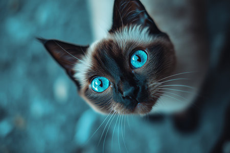 Charming Himalayan Blue Point Cat with Unique Eye Color and Innocent Expressions in Close-Up Captureの素材