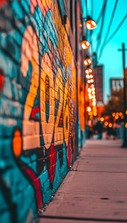 Dynamic Urban Art Vibrant Graffiti on Grungy Brick Wall Illuminating a Busy City Sidewalkの素材