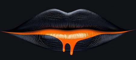 Close-Up of Dark Matte Lips with Dripping Orange Makeup Paint for Artistic Glamour Photographyの素材