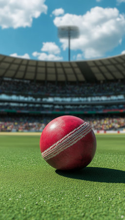 Exciting Cricket Action on Green Grass with Enthusiastic Crowd Watching the Game on a Sunny Dayの素材